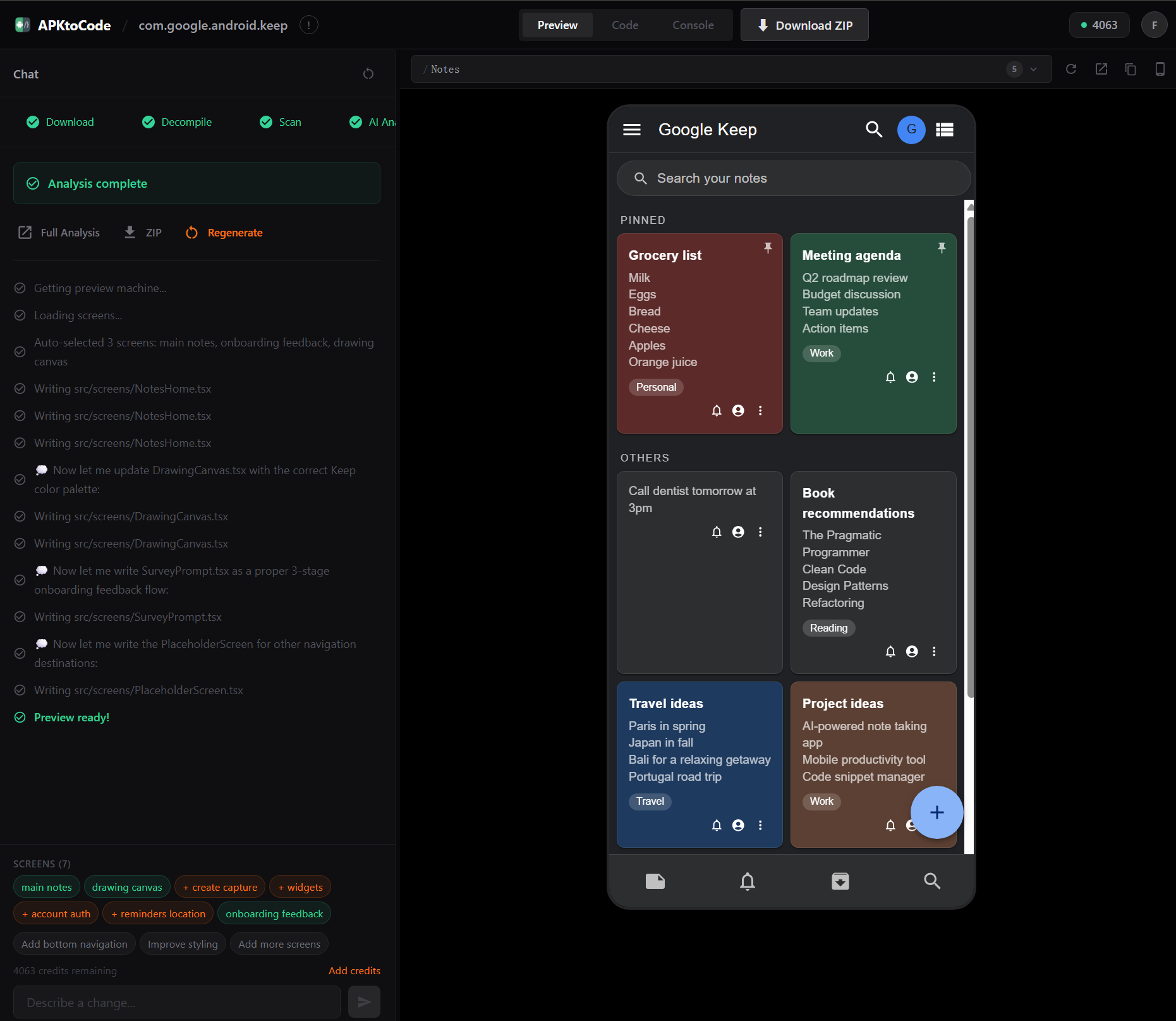 APKtoCode Playground — Google Keep UI clone with live preview